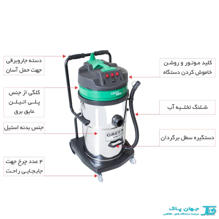 ویژگی های جاروبرقی صنعتی سه موتوره Green H703A 